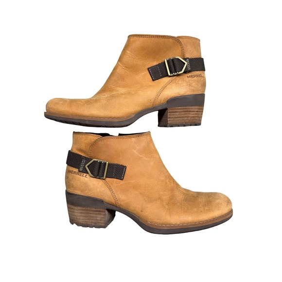 Merrell Shoes - Merrell Womens J001724 Tan Leather Ankle Boots Side Zip Buckle Booties Size 7
